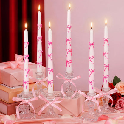 Conelist 12 Set Pink Bow Taper Candles Coquette Birthday Decoration Candles White Candlesticks with Wax Stick for Bridal Shower Wedding Dinner Decorations for Birthday Anniversary Party
