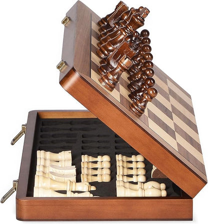 15 Wooden Chess Set with Magnetic Pieces - Extra Queens - Folding Chessboard Portable Travel Tournament Chess Board Games for Adults Kids