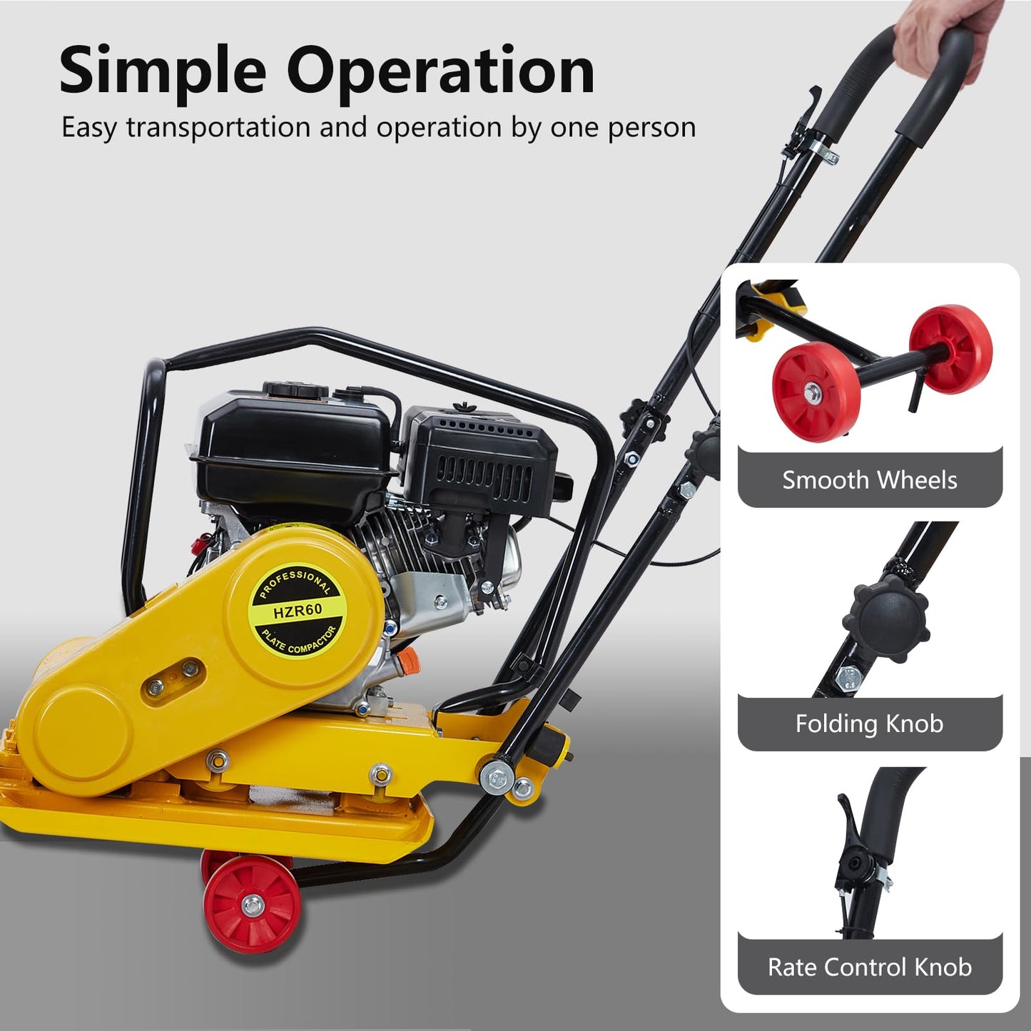 7HP Plate Compactor, Plate Compactor Tamper with 212cc Gas Engine 5,600 VPM, 4200 Lbs Force Vibratory Compaction Tamper with 22.1 x 15.9 Inch Plate for Walkways, Patios, Asphalts, Paver Landscaping