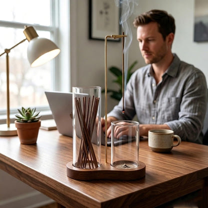 E-DAYS 2-in-1 Hanging Incense Holder, Upside Down Incense Burner with Glass Ash Catcher & Storage Compartments– Modern Wooden Home Decor, Easy to Clean