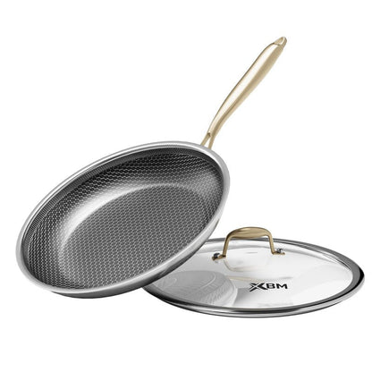 XBM Nonstick Frying Pan with Lid 12-Inch, Durable Stainless Steel Skillet, Induction Cooktop Compatible, PFOA-Free Scratch-Proof, Dishwasher & Oven Safe, Stay-Cool Handle, Silver Kitchen Cookware
