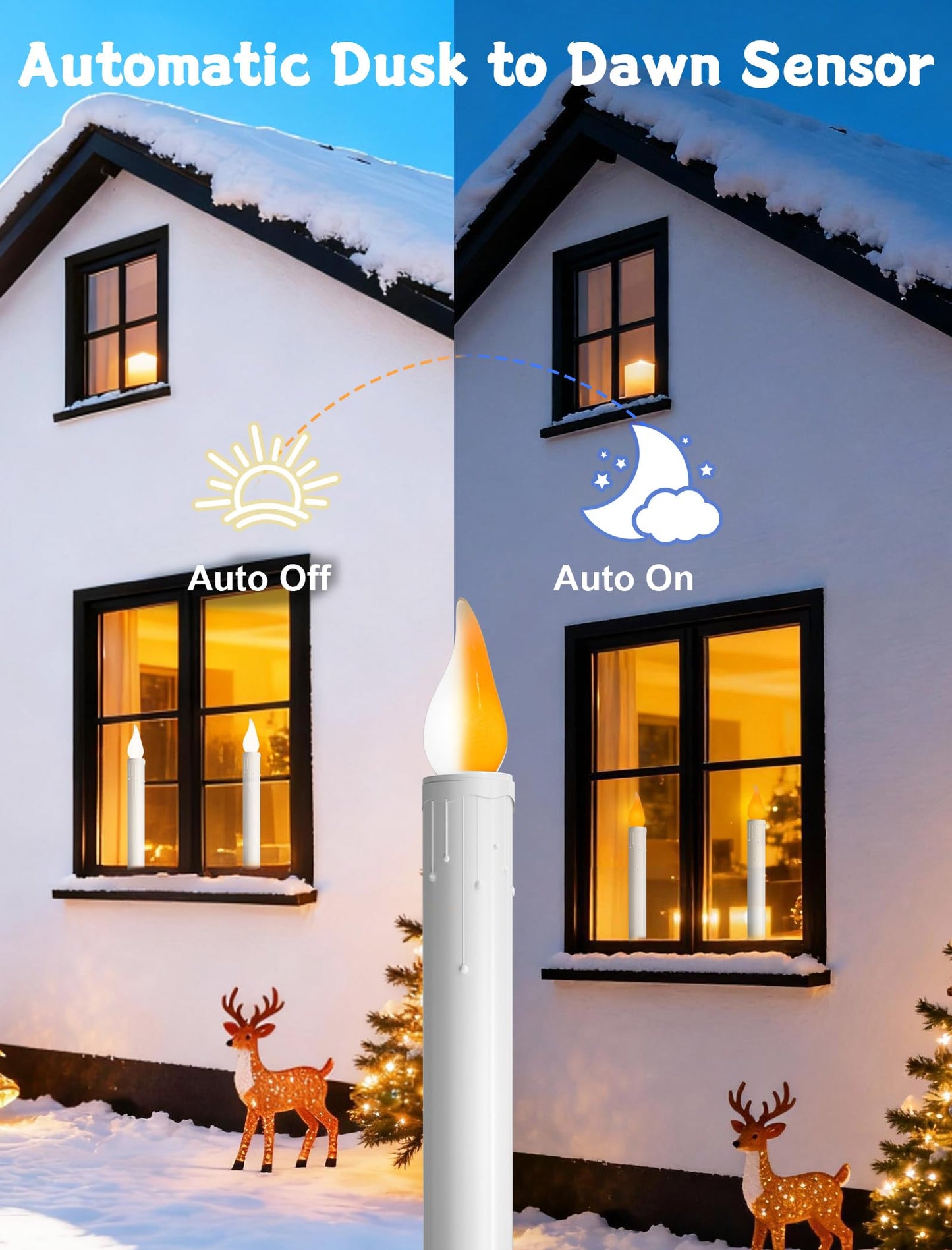 Romasaty 4 Pack Christmas Window Candle Lamps with Sensor Dusk to Dawn,10 Inch Battery Operated LED Window Candles with Flickering Amber Flame for Weddings Table Christmas Decor, Gold Plated Base