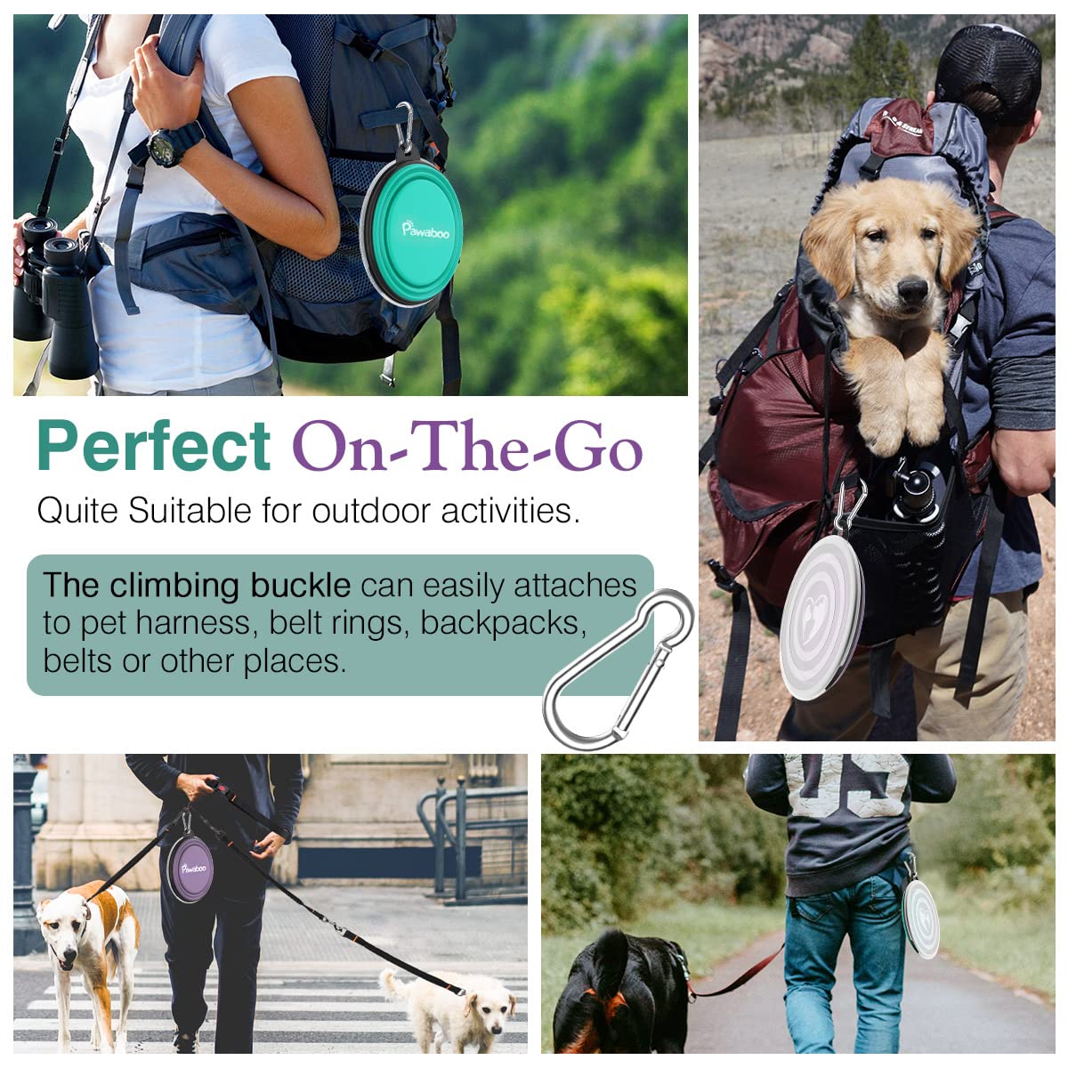 Pawaboo Collapsible Dog Bowls 2 Pack, Silicone Feeding Watering Bowls with Lids & Carabiners for Dogs Cats, Portable Collapsable Water Feeder Food Bowl for Walking Traveling Home Use, VioletTurquoise