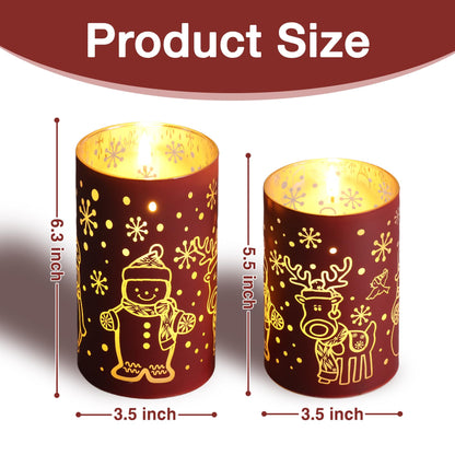 Eywamage Red Glass Flameless Pillar Candles with Remote, Flickering Snowman Deer LED Battery Candles Set of 2