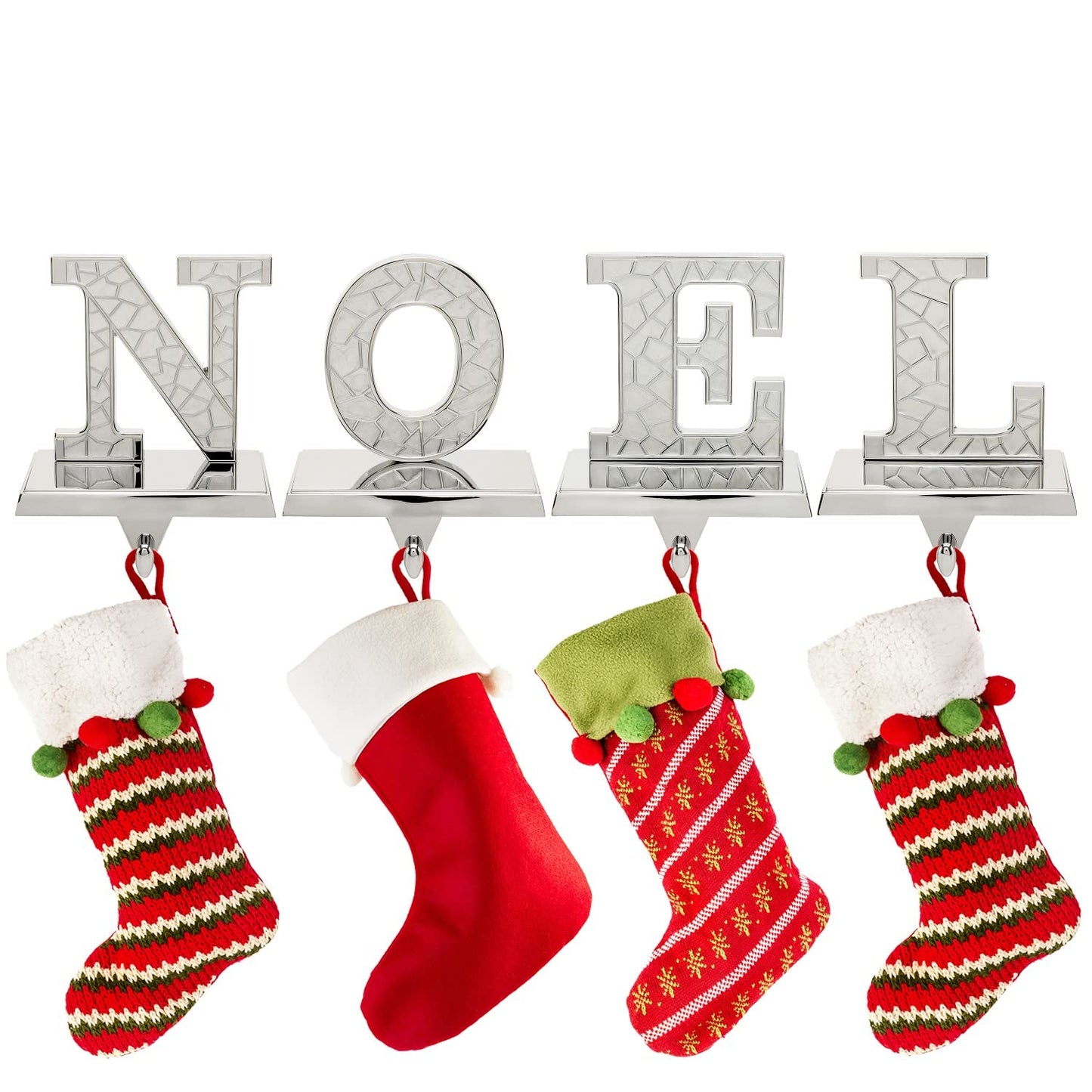 Holiday Jingle Stocking Holder for Mantle – 4pc N O E L Christmas Stocking Holders Nickel – Stocking Holders with Velvet Bottom – Durable Metal Stocking Holders