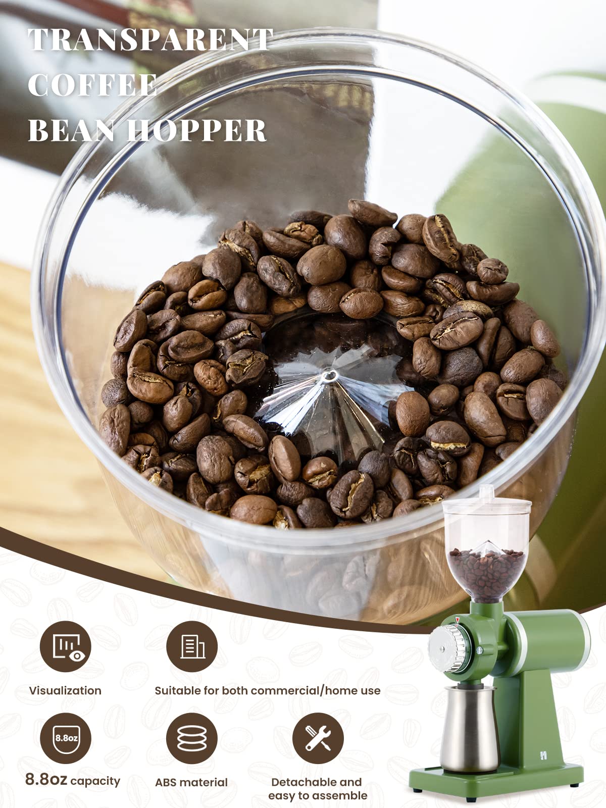 Huanyu Electric Coffee Bean Grinder 250G Automatic Burr Grinder Green and Huanyu Commercial Coffee Grinder with 64mm Flat Burr Anti-Flying Grounds Outlet 26oz Lotus Hopper Bundle