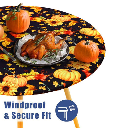 Moosfor Round Spandex Thanksgiving Tablecloth, Elastic Fitted Waterproof Tablecloths for 57"-68" Tables, Stretch Washable Picnic Table Cover for Autumn Harvest Parties, Pumpkin Sunflower