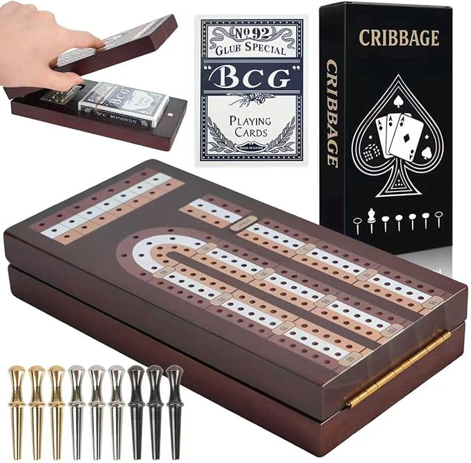Cribbage Board Game Set Magnetic Lock &amp Built-in Storage - 3-Track Foldable Portable Travel Board for Family &amp Adults to Boost Logic Focus and Social Fun