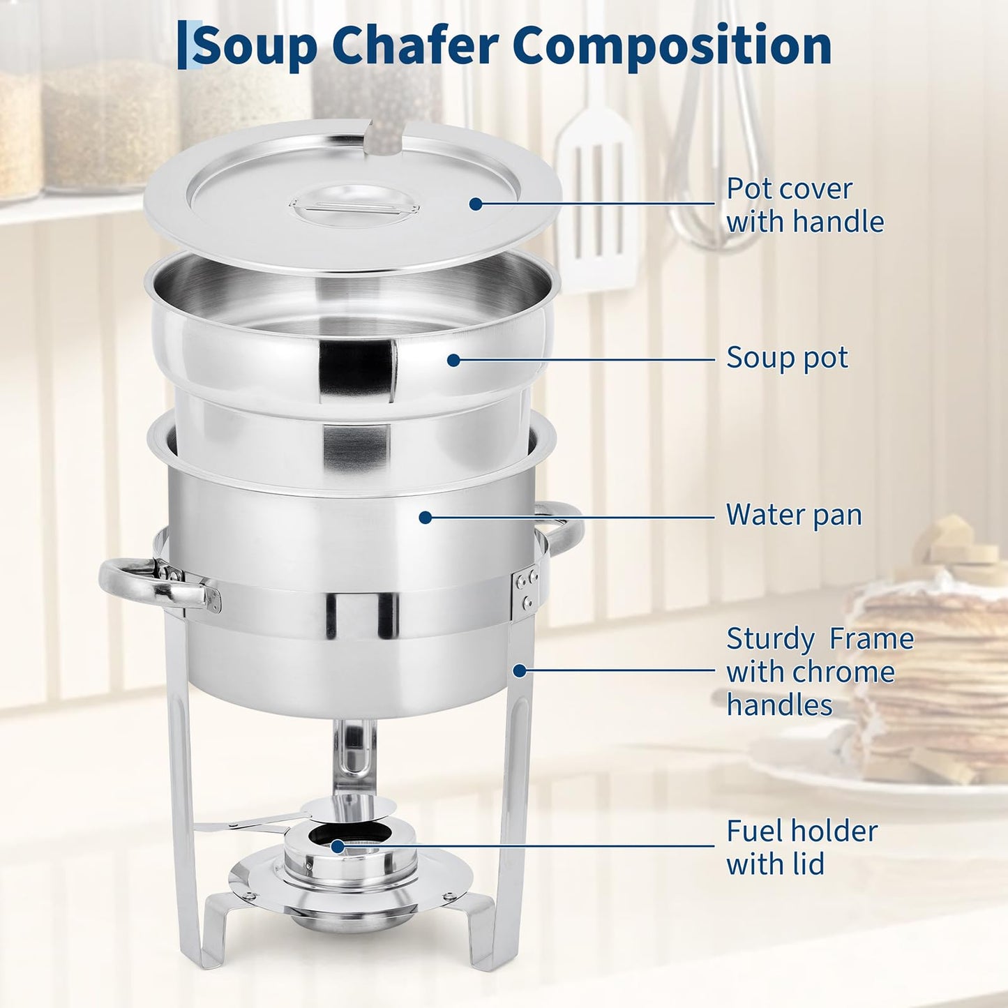 Commercial 7QT Soup Chafer Set, 4 Pack Stainless Steel Round Food Warmers Set with Pot, Notched Lids & Fuel Containers, Soup Warmers Ideal for Buffet Service & Event Catering
