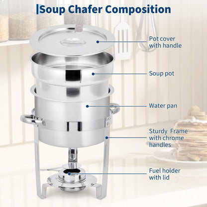 Commercial 7QT Soup Chafer Set, 4 Pack Stainless Steel Round Food Warmers Set with Pot, Notched Lids & Fuel Containers, Soup Warmers Ideal for Buffet Service & Event Catering