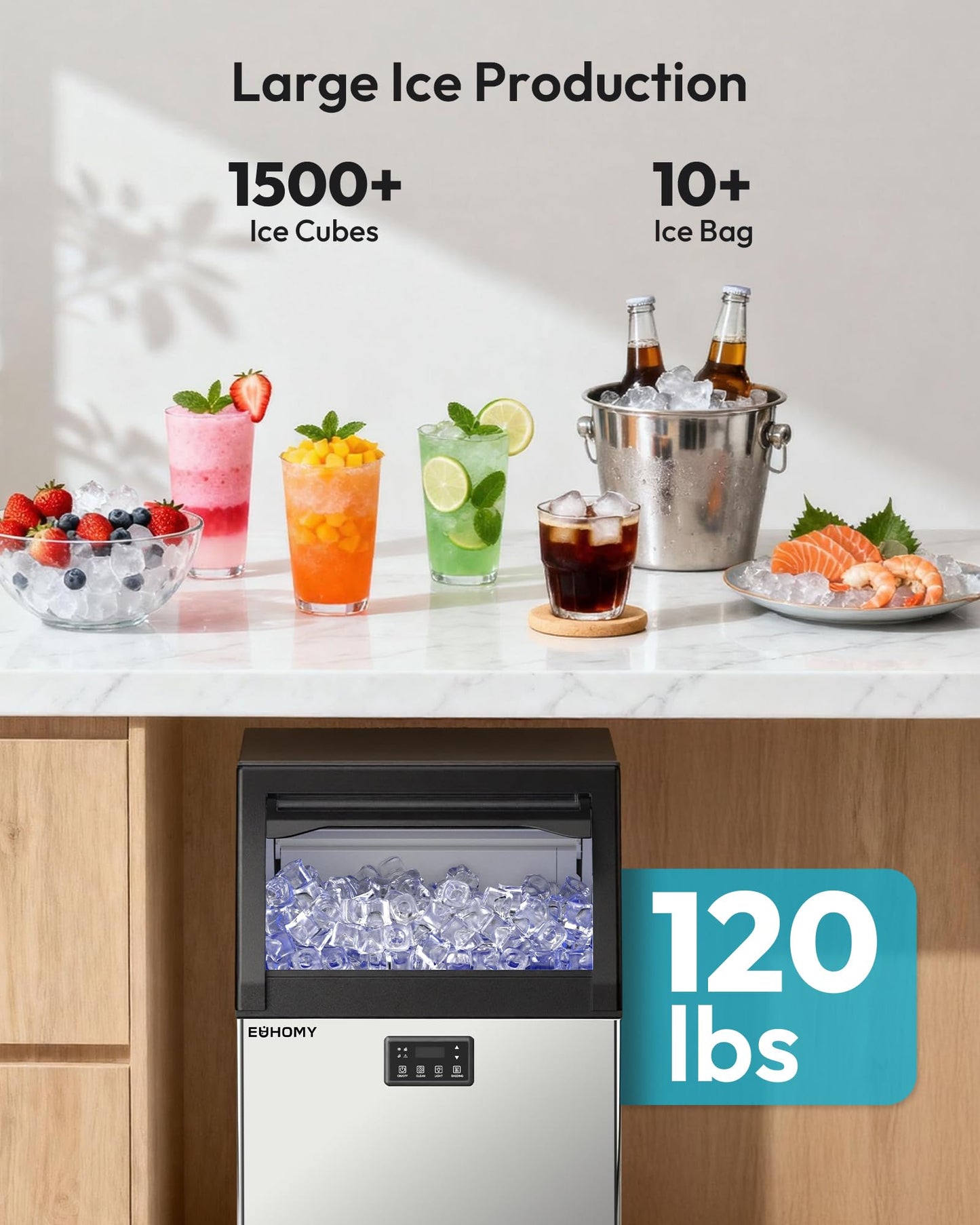 EUHOMY Commercial Gourmet Ice Maker Machine,120lbs/24H, Under Counter Ice Maker with 25lbs Storage, Non-Clumping Design,24pcs Hat Cubes Per Cycle, Freestanding Ice Maker for Home/Bar/Cafe/Restaurant
