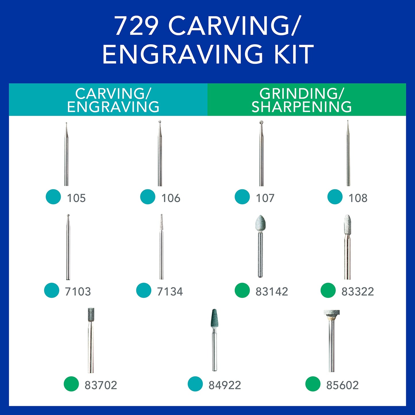 Dremel 729-01 11-Piece Carving & Engraving Rotary Tool Accessories Kit - Includes Engraving Bits & Grinding Stones- Ideal for Wood, Metal, and Glass