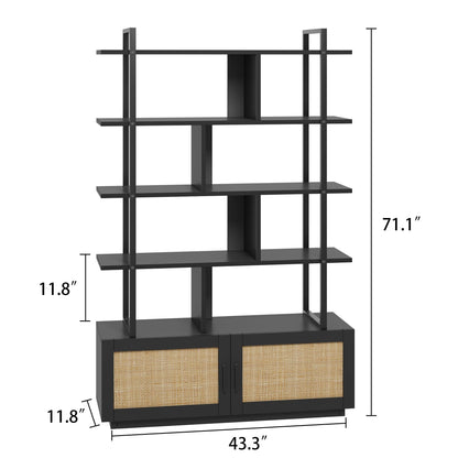 CABIHOME 5 Tier Rattan Bookshelf with Storage Cabinet & Door, 71.1 Inch Tall Industrial Book Shelf with Open Display Shelves, 5 Shelf Bookcase with Metal Frame for Living Room, Bedroom (Black)