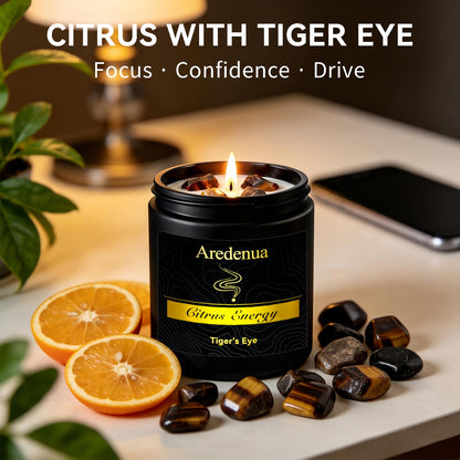 Aredenua Crystal Candle with Tiger Eye Healing Crystals, Citrus Aromatherapy Candle for Confidence, Natural Soy Wax Scented Candle with Real Gemstone, 7oz Long Burning, Motivational Chakra Gift