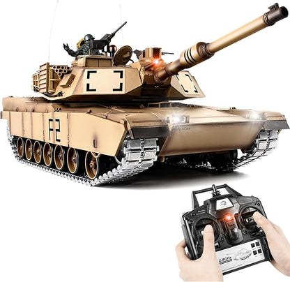 1/16 RC Tank Heng Long US M1A2 Abrams Army Toy with Smoke Sound and Lights Remote Control Tank That Shoots with Upgraded Metal Tracks Idler and Sprocket Wheel Steel Gearbox Batteries*2