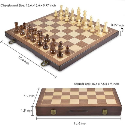 AMEROUS Magnetic Wooden Chess and Checkers Game Set 15 Inches (2 in 1) Chess Board Games 2 Extra Queens - Gift Package - Game Pieces Storage Slots Beginner Chess Set for Kids Adults