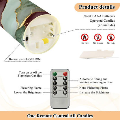 famyily Indoor Flameless Candles with Timer 2/4/6/8H Timer Flameless Candles for Office Reception Desk 5.9x3in - Marble Sage Green Burgundy