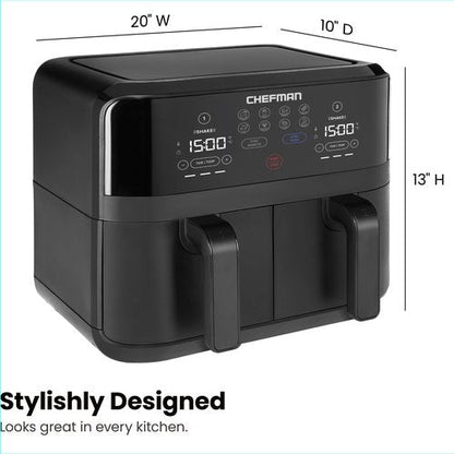 Chefman TurboFry Touch Dual Air Fryer, Maximize The Healthiest Meals With Double Basket Capacity, One-Touch Digital Controls And Shake Reminder For The Perfect Crispy And Low-Calorie Finish