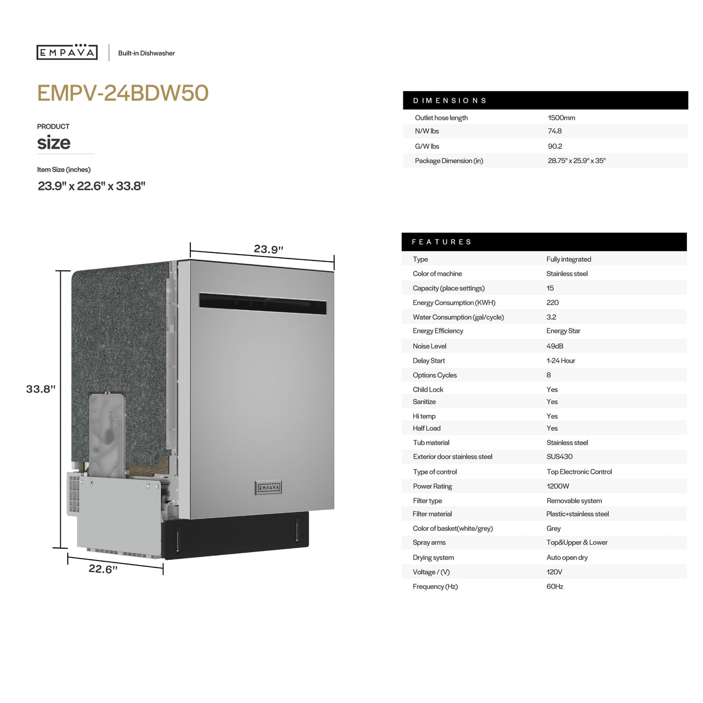 Empava 24 Inch Built-in Dishwasher, Stainless Steel Tub, 15 Place Settings, 8 Wash Cycles, Top Control, Auto Door Dry, 49 dB Ultra Quiet, Energy Star & UL Certified