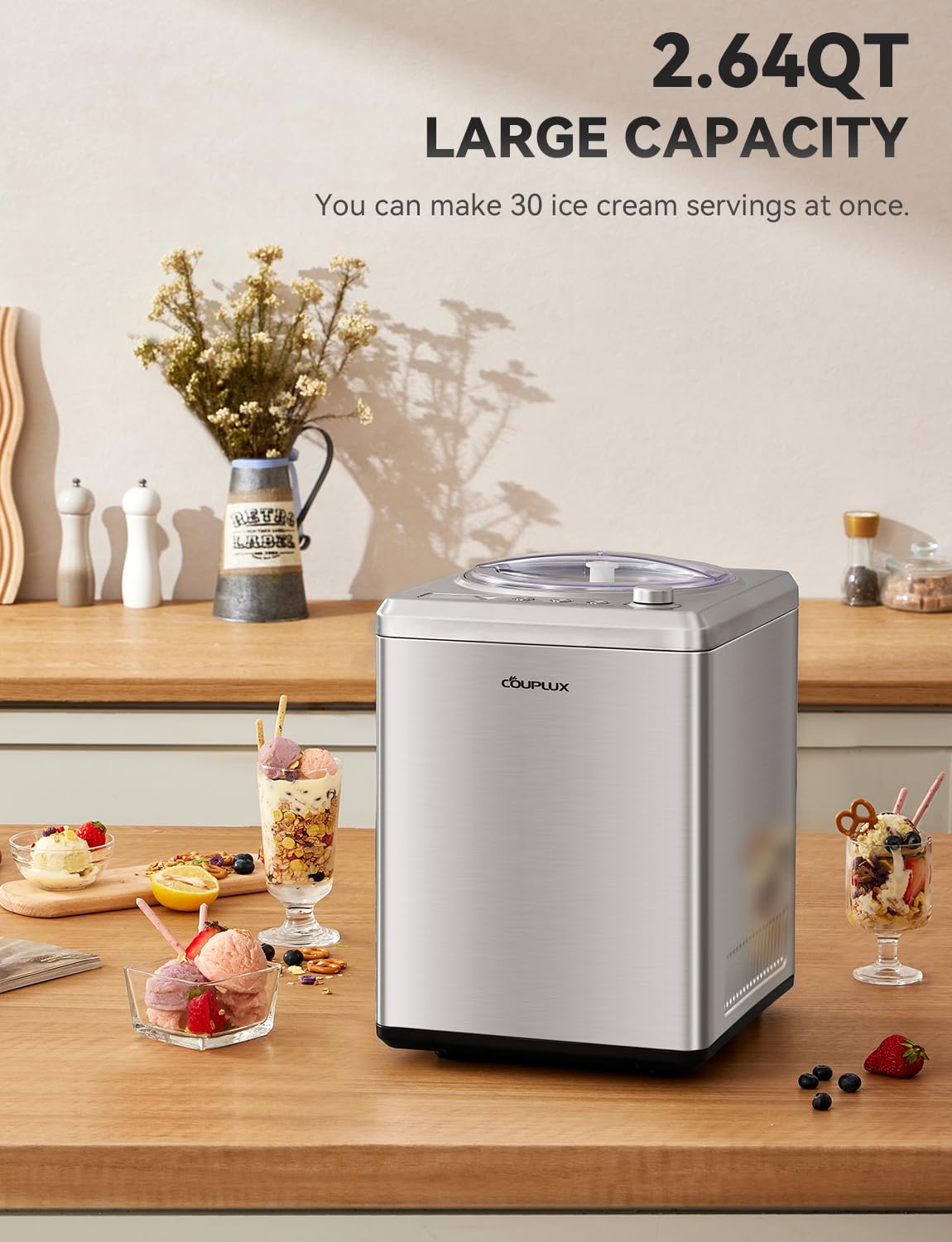 COUPLUX 2.64 Qt Ice Cream Maker, Upgraded Fastest 250W Compressor Fully Automatic Ice Cream Machine with No Pre-Freezing, 2H Keep Cool, LCD Display & Timer, All Stainless Steel