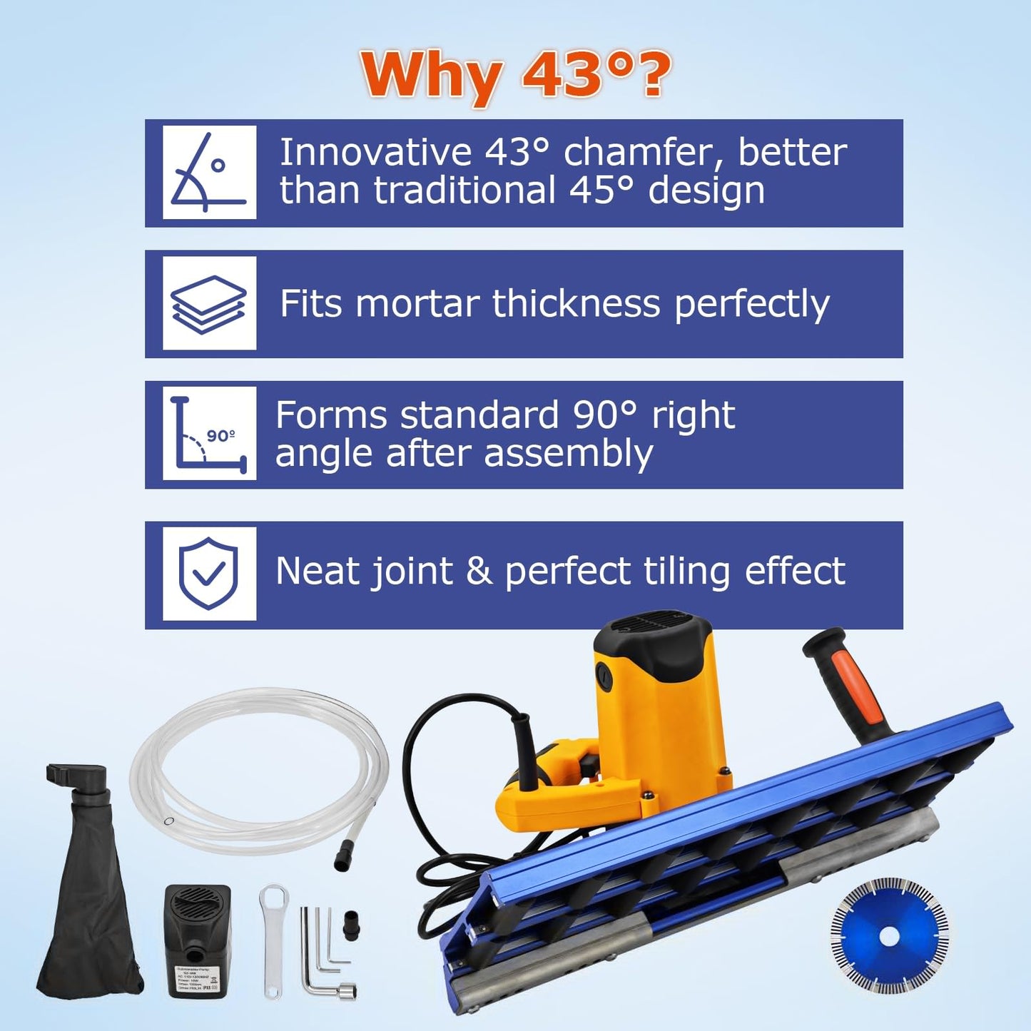 1800W 18000RPM Tile Charmfer Cutter, 43° Angle Tile Edge Beveling Tool with 16-Roller Base, Chamfer Machine with Water Cooling, Tile Edge Cutter, Tile Chamfering Machine Ceramic Tile Chamferer