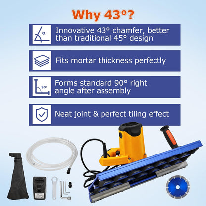 1800W 18000RPM Tile Charmfer Cutter, 43° Angle Tile Edge Beveling Tool with 16-Roller Base, Chamfer Machine with Water Cooling, Tile Edge Cutter, Tile Chamfering Machine Ceramic Tile Chamferer