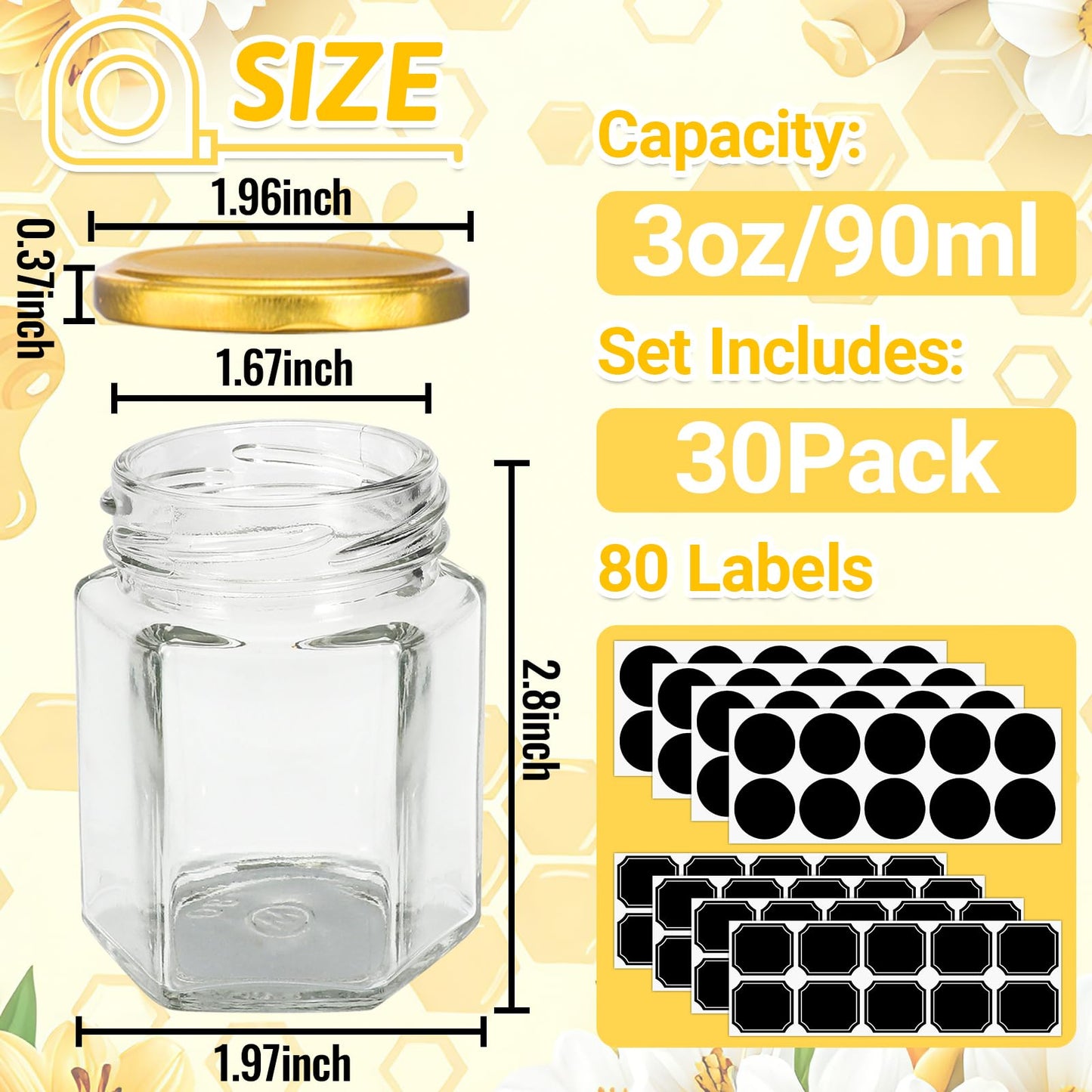 Haneye 3 oz Hexagon Glass Jars with Gold Lids, 30 Pack Honey Jars Canning Jars Small Spice Jars for Jelly, Herb, Jams, Candy, Wedding Favors, Includes Labels and Pen