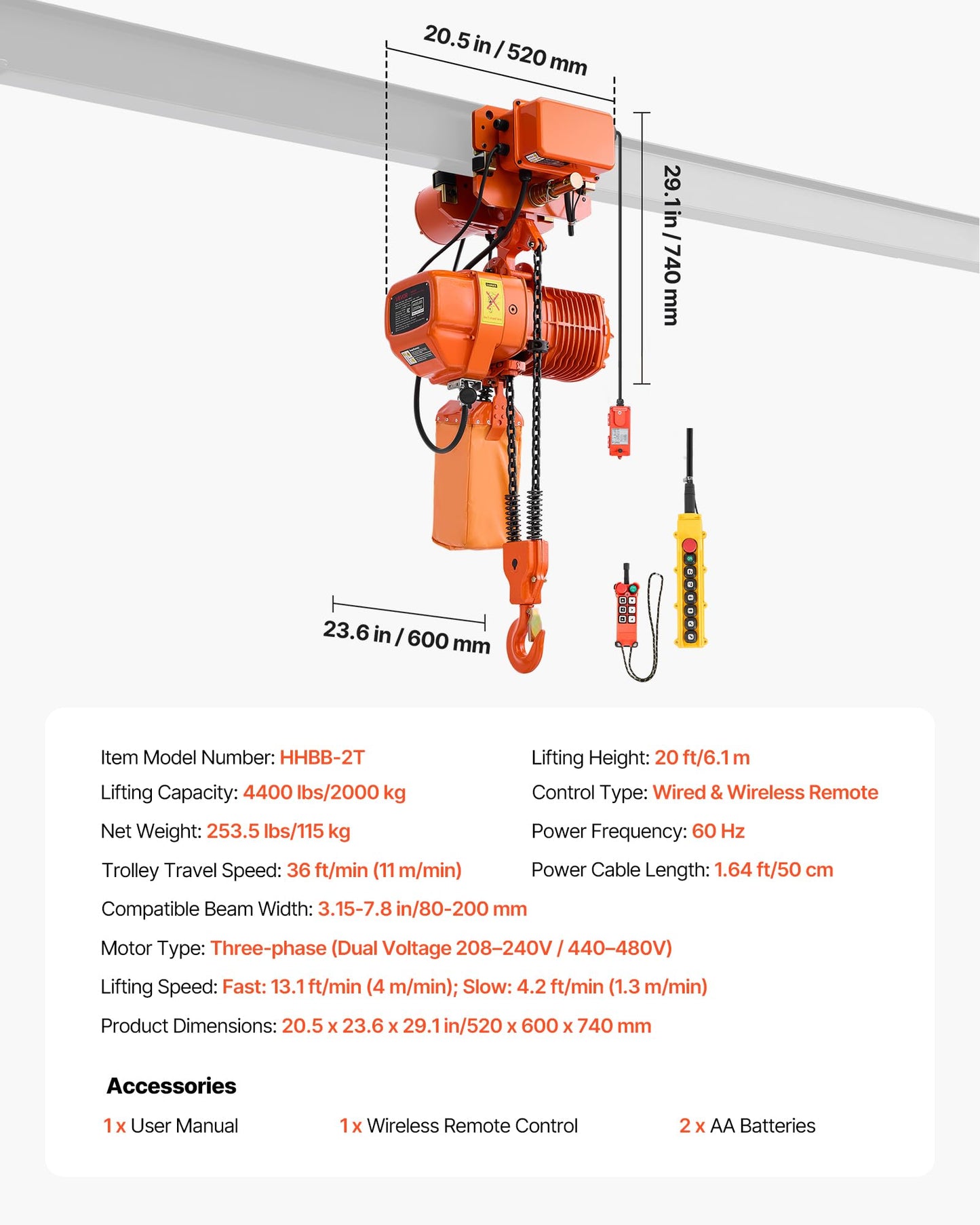 VEVOR 4400lbs Electric Chain Hoist with Power Trolley, 2-Speed Operation, 20ft Lifting Height, 3-Phase 208-240V/440-480V Overhead Crane w/ 328ft Wireless & 16ft Wired Remote Control G100 2-Chain Hoist
