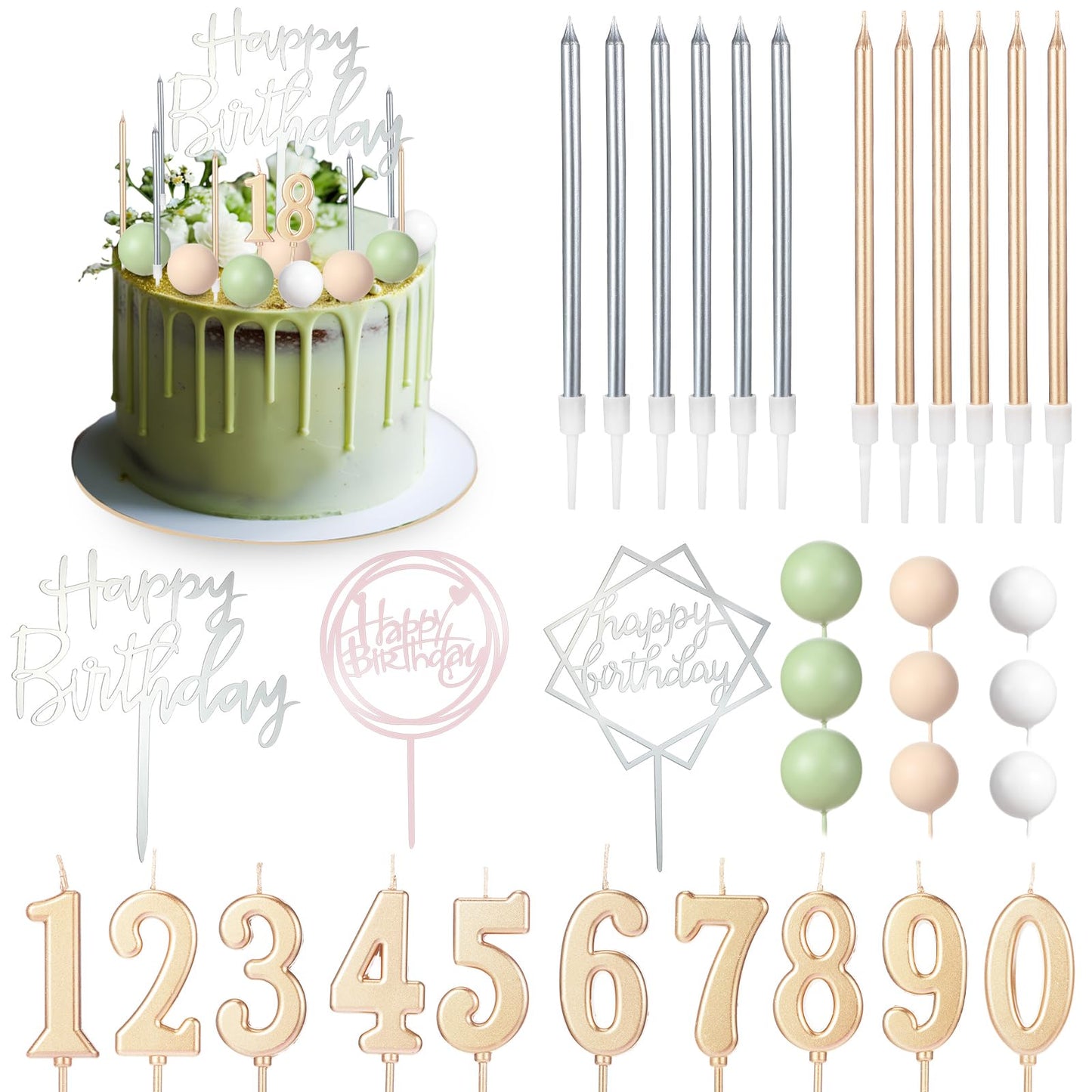 Yerliker 34 Pcs Happy Birthday Cake Toppers Decorations Birthday Candles DIY Cake Decor for Men Women Wedding Anniversary(Sage Green)
