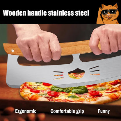 Pizza Cutter Rocker: 14-Inch,Funny Pizza Slicer Consists of Stainless Steel and Wooden Handle,Pizza Cutter with Protective Blade Guard - Pizza Oven Accessories Gifts for Men Dad.