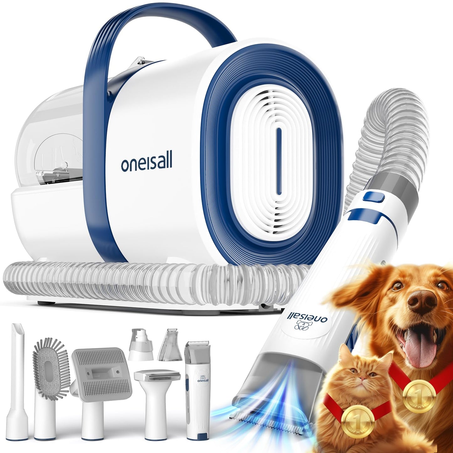 oneisall Dog Grooming Vacuum, Pet Grooming Vacuum with Clipper Nail Grinder, 1.5L Dust Cup Dog deshedding Vacuum Brush with 7 Pet Grooming Tools for Shedding Pet Hair, Home Cleaning