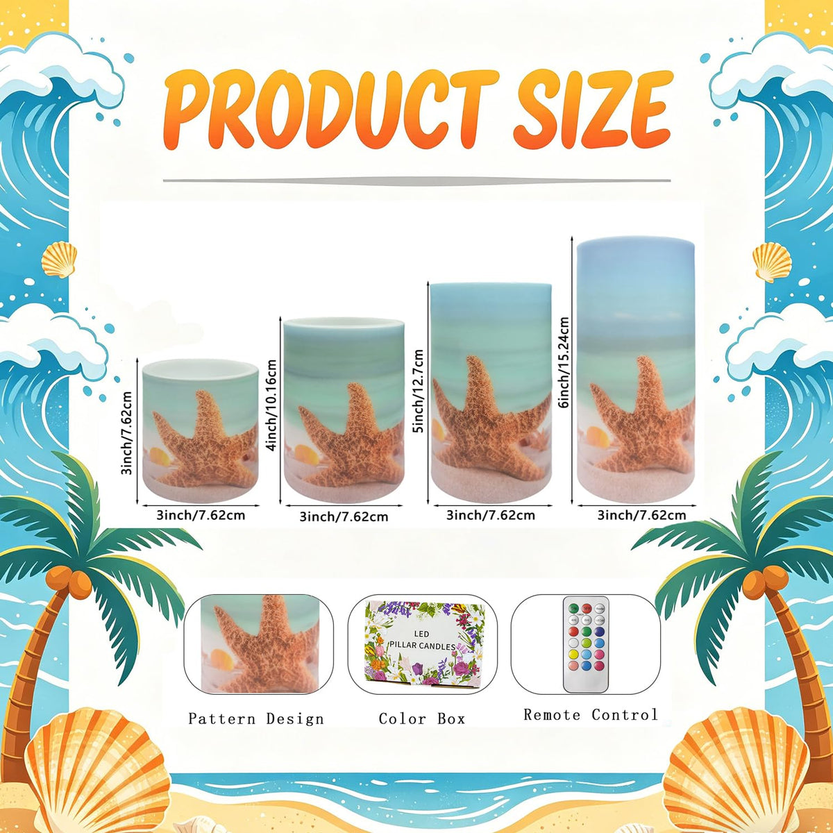 Aulaygo 4PCS Summer Starfish Flameless Candles with Timer Remote Control,LED Pillar Candles Set Battery Operated for Wedding Beach Party Holiday Home Decor
