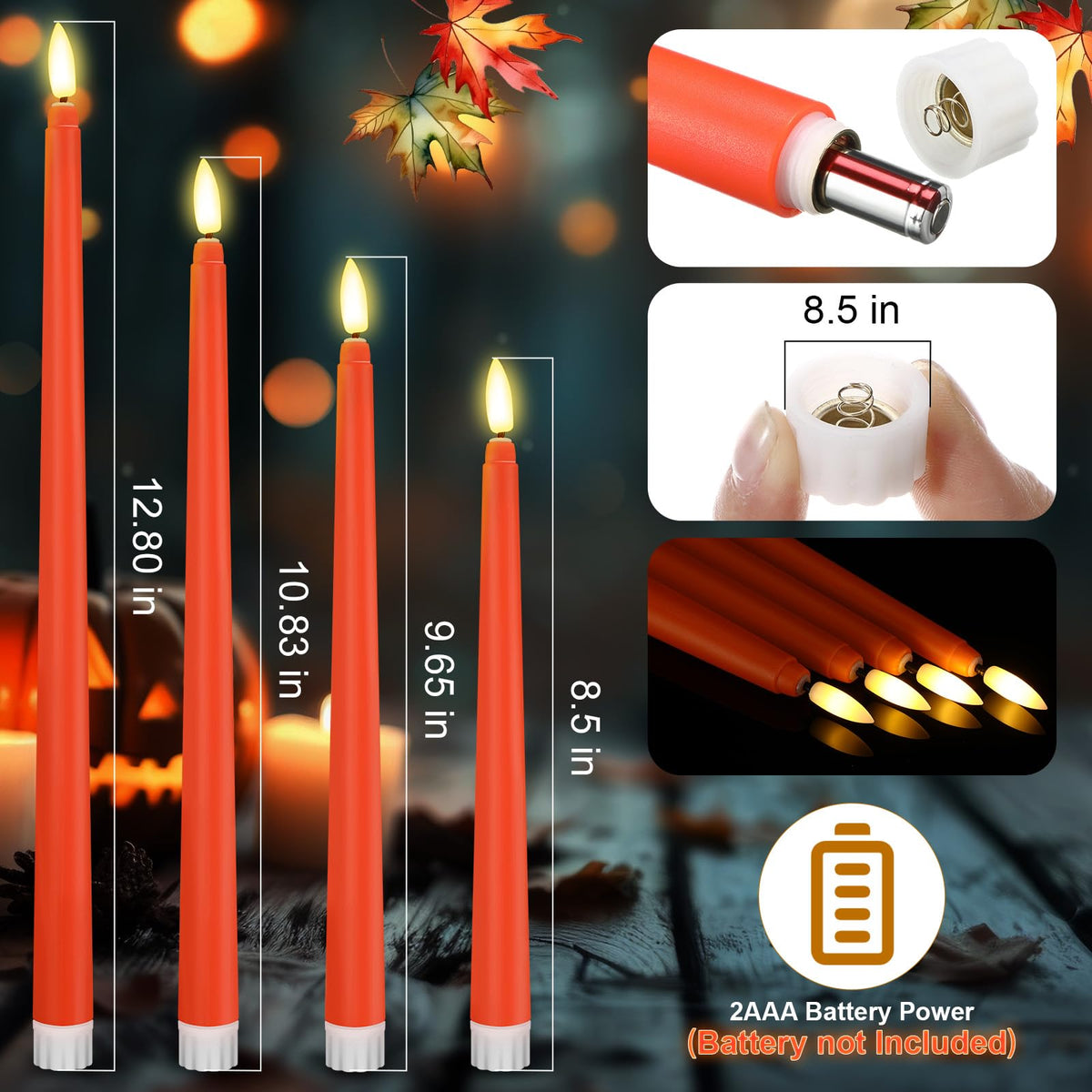 Rossesay 24 Pcs Flameless LED Taper Candles Battery Operated Candle 8.5", 9.65", 10.8", 12.8" Flameless Candlesticks Flickering for Christmas Church Wedding Indoor Decoration(Classic, Orange)