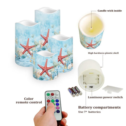 Cozeyat Starfish Sea Flameless Candles Set of 4 Battery Powered LED Pillar Candles with Remote Timer Flickering for Indoor Outdoor Table Beach Decor