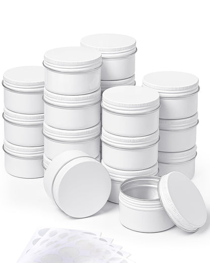 Patelai 36 Pcs 4 oz Metal Round Tins Aluminum Tin Cans Salve Tins Containers with Screw Lid 10 Sheets Stickers for Salve Spice Candies Balms Candles(White)