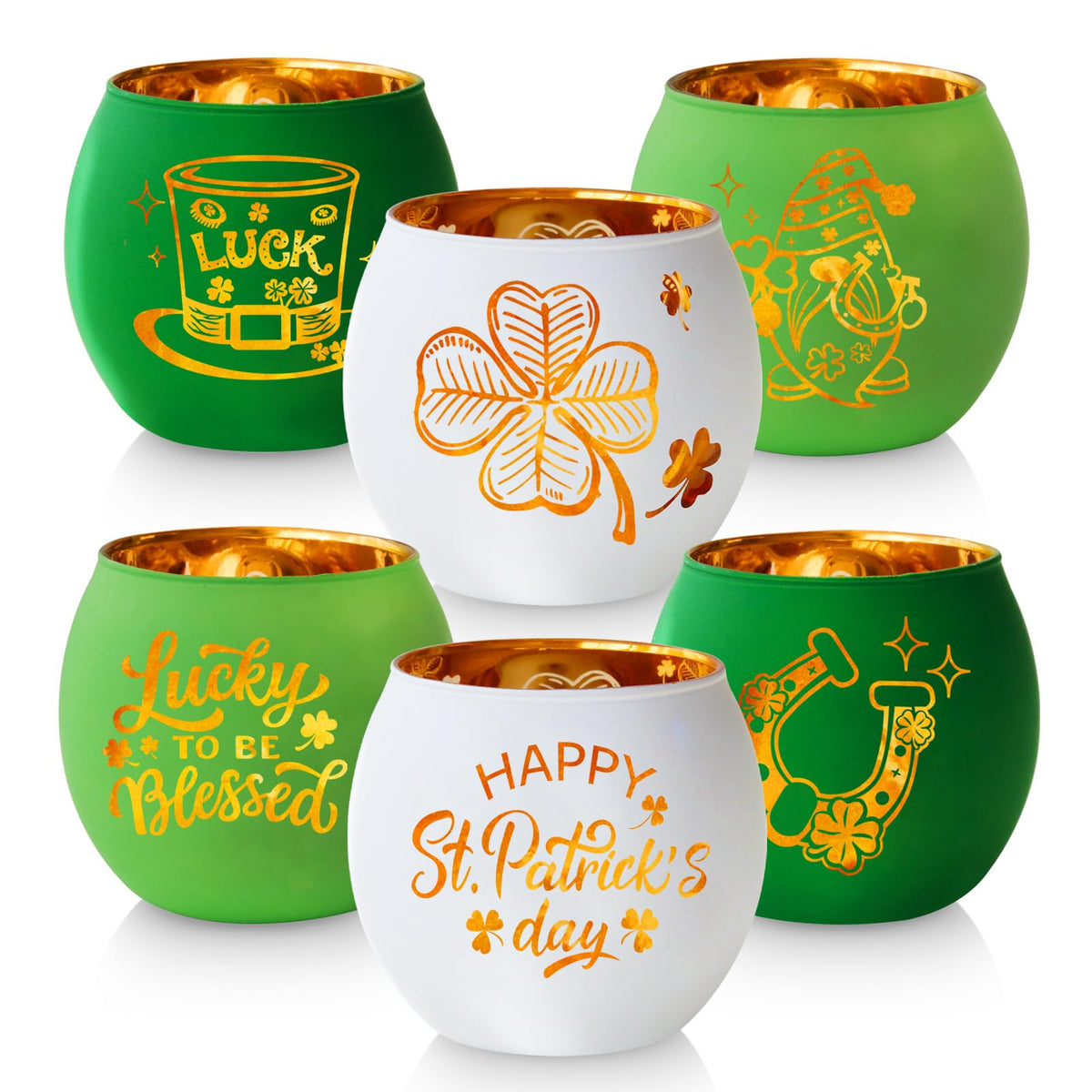 SHMILMH St. Patrick's Day Candle Holders 6PCS St Patricks Day Shamrocks Decorations for Table Centerpiece, Glass Votive Tealight Holders for Home Decor Party Decorations