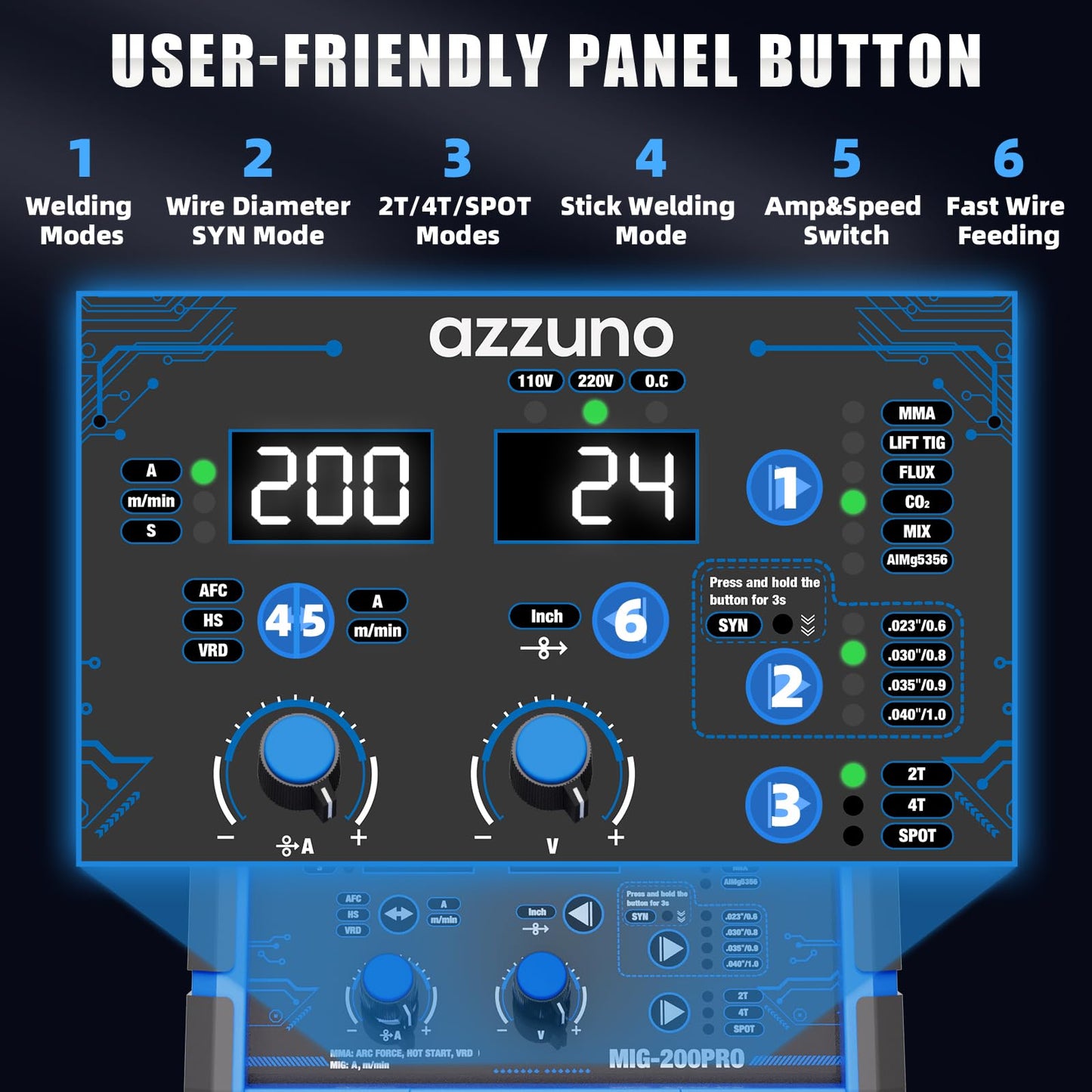 AZZUNO 8 in 1 200A MIG Welder+Lift TIG Welding Gun WP-17V(35-50mm²), 110V/220V Welder Machine Flux Core MIG/Gas MIG/MAG/Aluminum MIG/Spot MIG/Lift TIG/Stick Welding/Spool Gun Compatible