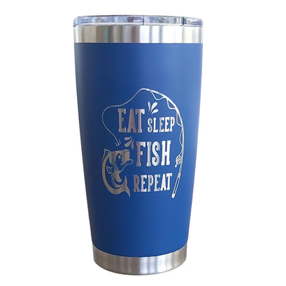 Eat Sleep Fish 20oz Stainless Steel Tumbler with Lid (Royal Blue), Fishing Travel Mugs for Men, for Him,