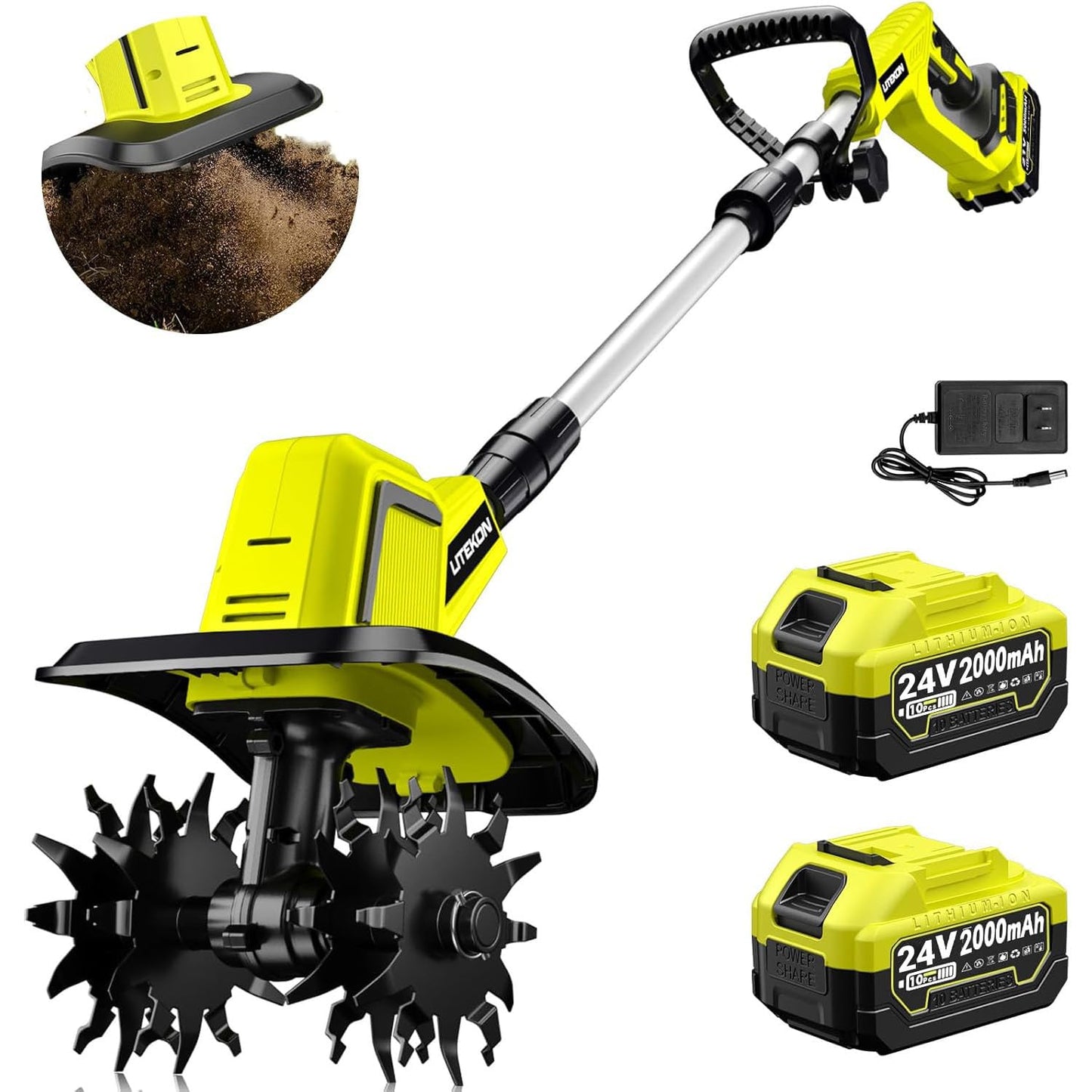 Cordless Tiller Cultivator with 2 x 2.0AH Batteries(120Minutes Use) &1.5A Fast Charger, 540RPM Powerful Battery Powered Garden Tiller Electric Rototiller with 10In Tilling Width & 7In Depth