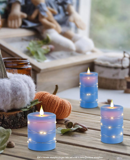 Upinmz Flickering Flameless Candles with Embedded String Lights, Battery Operated Candles with Remote Control and Timer,LED Candles for Home Decoration,Real Wax, 3 Pack Blue