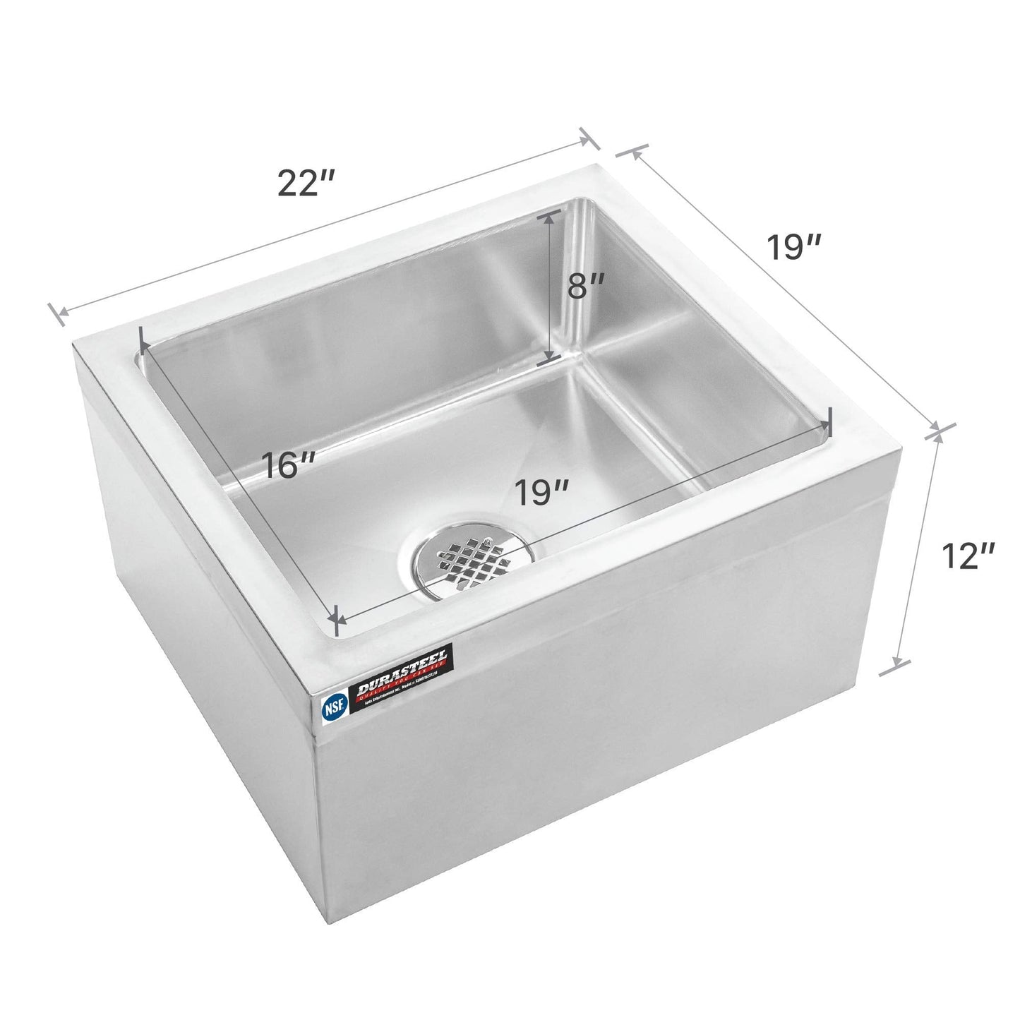 DuraSteel 19x22x12 Commercial Floor Mop Sink - NSF Certified 304 Stainless Steel Utility Room Service Basin with Leak Proof Flat Drain - Large Tub for Dog Washing, Filling Water Bucket, Cleanup