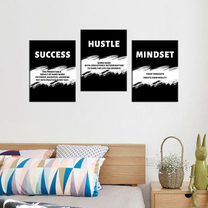 PSYYSP 3 Piece Canvas Wall Art Success Hustle Mindset Posters, Black White Motivational Triptych Wall Decor for Office, Bedroom, Dorm, Business Workspace, Framed Canvas 36x16inch