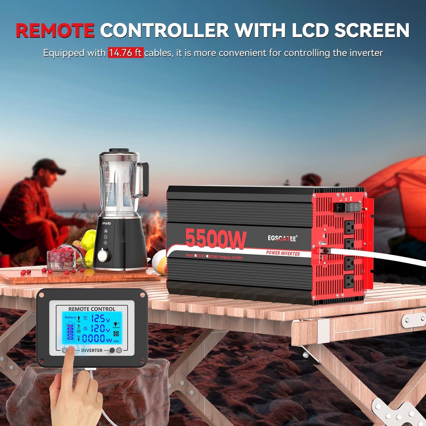 5500W Power Inverter 12V DC to 120V AC, 11000W Peak Off-Grid Solar Converter for 12V Battery Bank, RV, Truck & Home Backup Power System, 4 AC Outlets, USB & Type-C Port, LCD Remote Controller