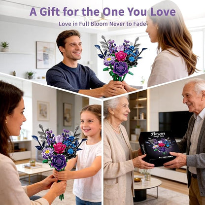 759 Pcs Purple Rose Flower Bouquet Building Set Botanical Collection Kit Artificial Fake Flowers Blocks Home Table Decor Aesthetic for Valentine's Day Birthday DIY Craft Floral Gift Without Vase