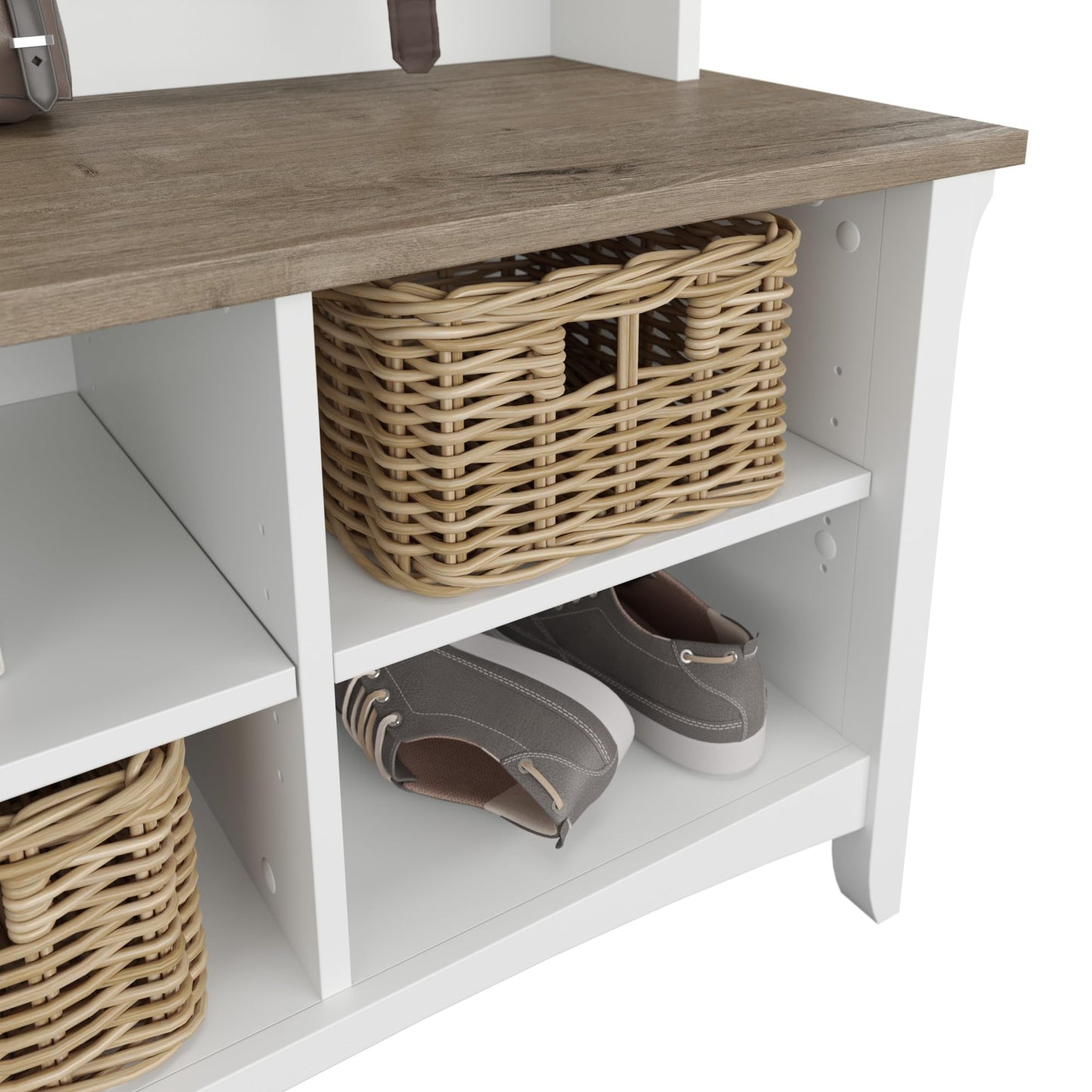 Bush Home Salinas Hall Tree with Shoe Storage Bench in Shiplap Gray and Pure White, Multi-Purpose Home Organizer, Entryway Solution with Seating and Hooks