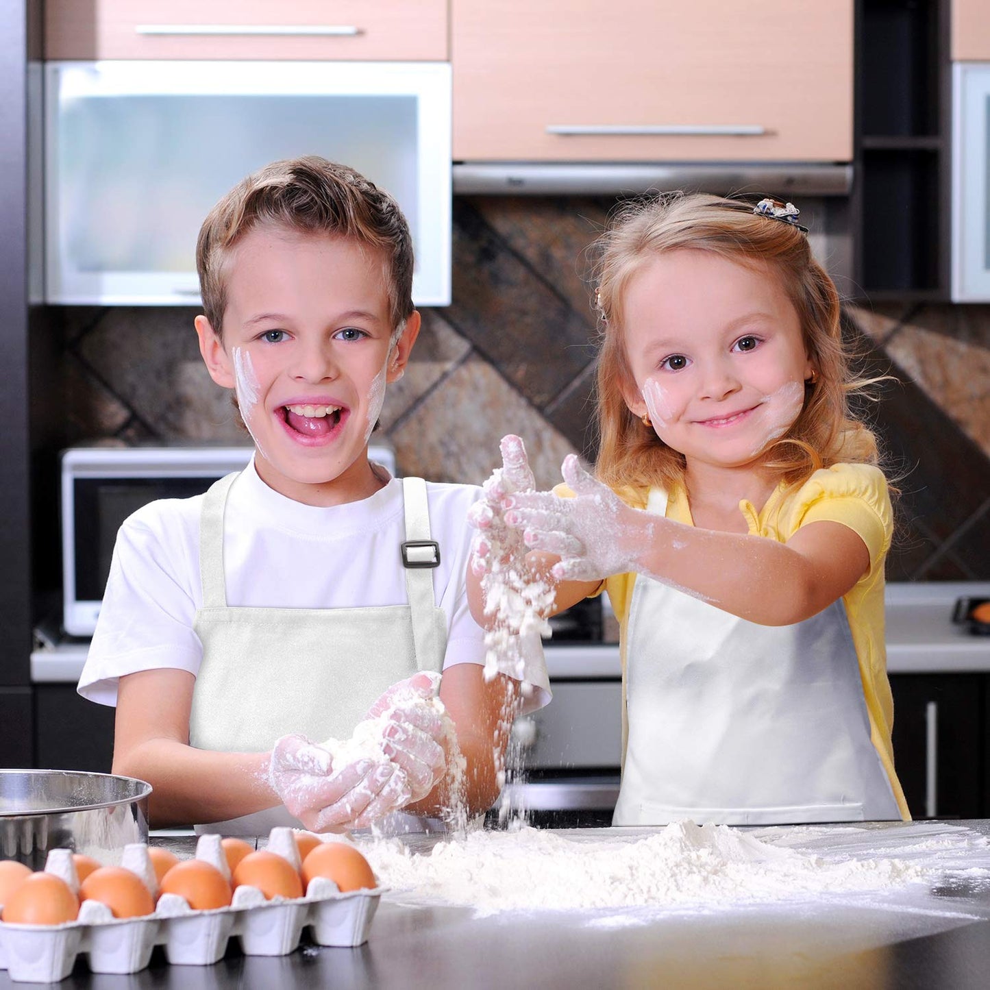 Yaomiao 4 Pieces Kids Apron with Pocket Children Adjustable Chef Apron for Cooking Baking Painting (White,S for 2-6 Age)