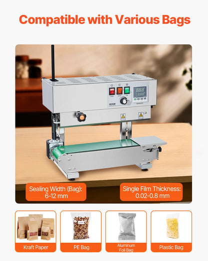 VEVOR Continuous Bag Band Sealing Machine, 0.24-0.47 in/6-12 mm Seal Width, Vertical Band Sealer Machine with Digital Temperature Control, Stainless Steel Bag Sealer for 0.02-0.8 mm Plastic Bags Films