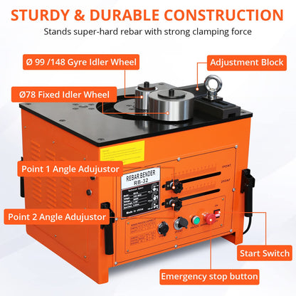 GarveeTech 3000W Electric Rebar Bender up to 1.3 in with Our Electric Bender - Achieve 0-180° Angles, Operate with Convenient Foot Pedal Switch, Powerful 3000W Motor
