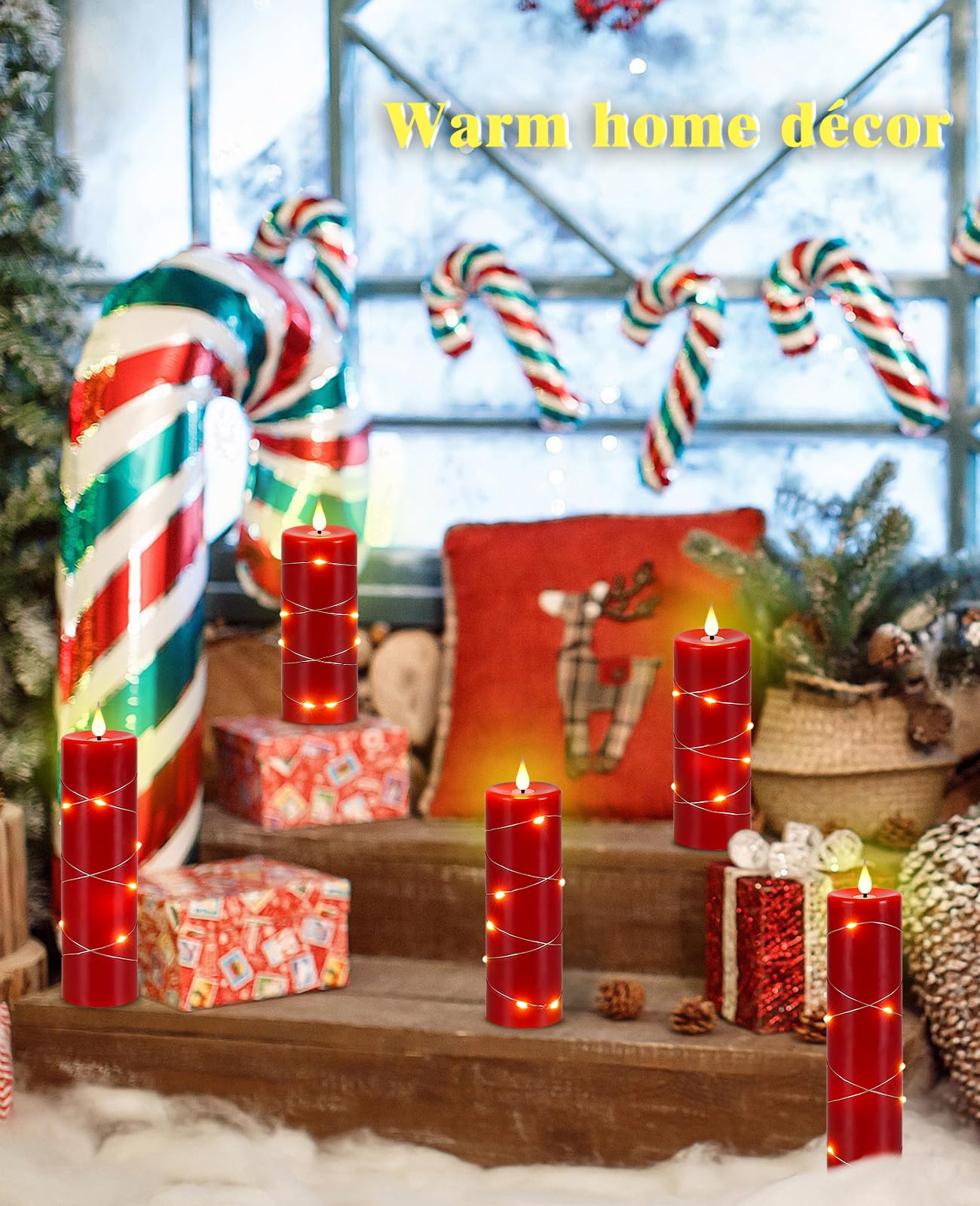 Upinmz Red Flameless Candle with Remote Control and Timer,Flickering Battery Operated Candles with String Lights,LED Pillar Candles,Set of 5