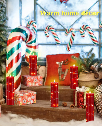 Upinmz Red Flameless Candle with Remote Control and Timer,Flickering Battery Operated Candles with String Lights,LED Pillar Candles,Set of 5